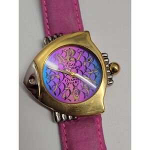 Time Works Vintage Fish Shaped Watch Titanium Quartz Pink Leather Strap Purple